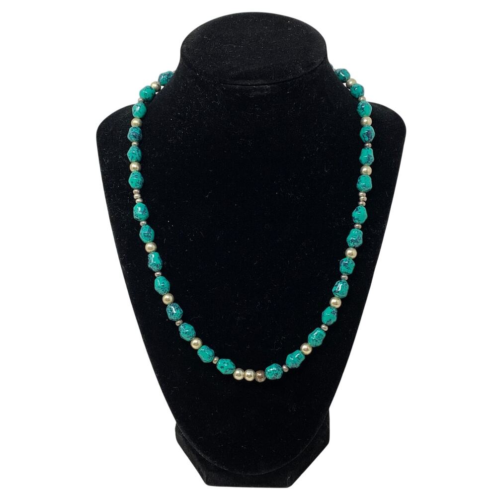 Handmade Artisan Beaded Necklace Silver Tone Beads Faux Turquoise Single Strand